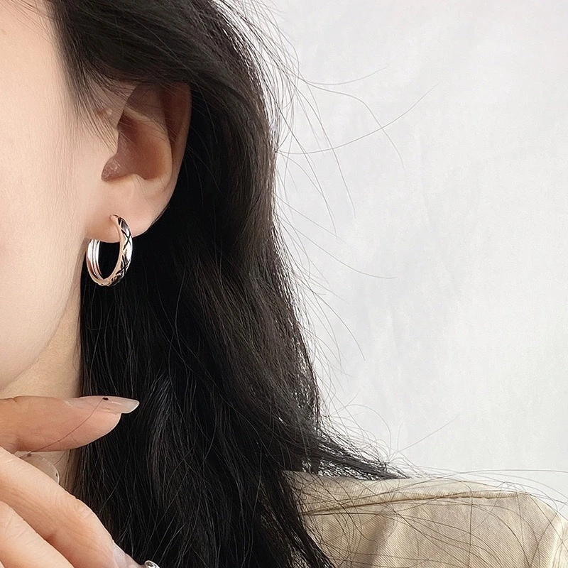 925银耳饰 【通体纯银】20MM交叉斜纹耳扣复古做旧个性冷淡风圆圈