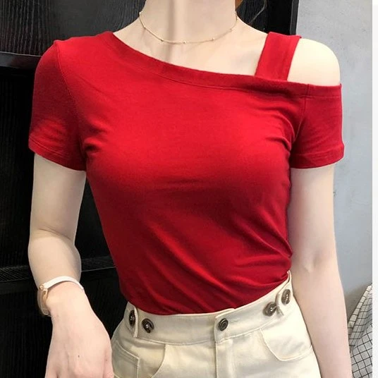 时尚锁骨通勤拼接短袖露肩斜领修身不起球纯色T恤百搭显瘦洋气