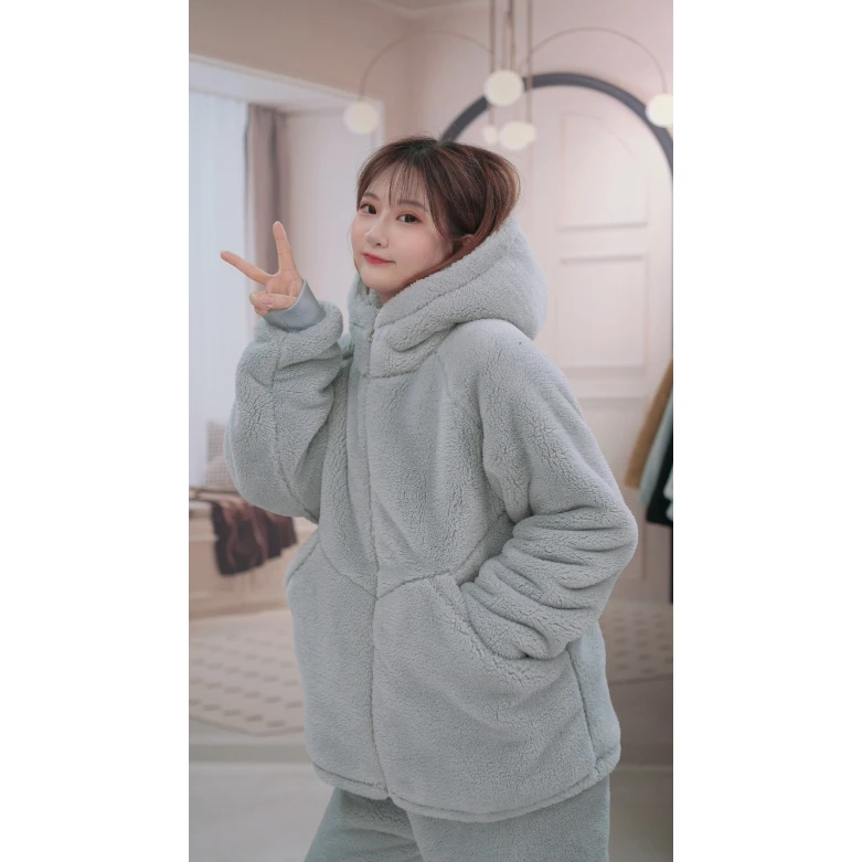 【加加加厚】超厚羊羔绒可外穿防风连帽加绒冬季情侣家居服套装