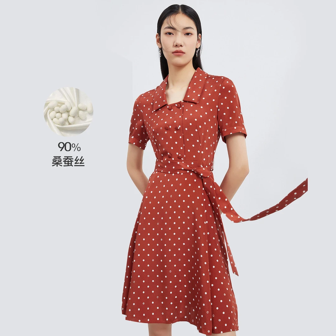 【晨粉专享价】夏季桑蚕丝中式连衣裙女波点收腰连衣裙女XF03343B5