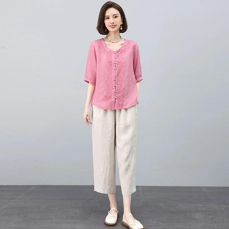 苎麻衬衫套装女夏季妈妈装2025年新款宽松显瘦九分阔腿裤时尚件套