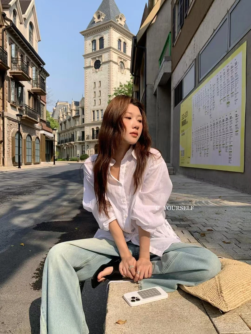 福秒-苎麻衬衫、腰间系带松紧设计清透防晒衬衫（CY390#）CY