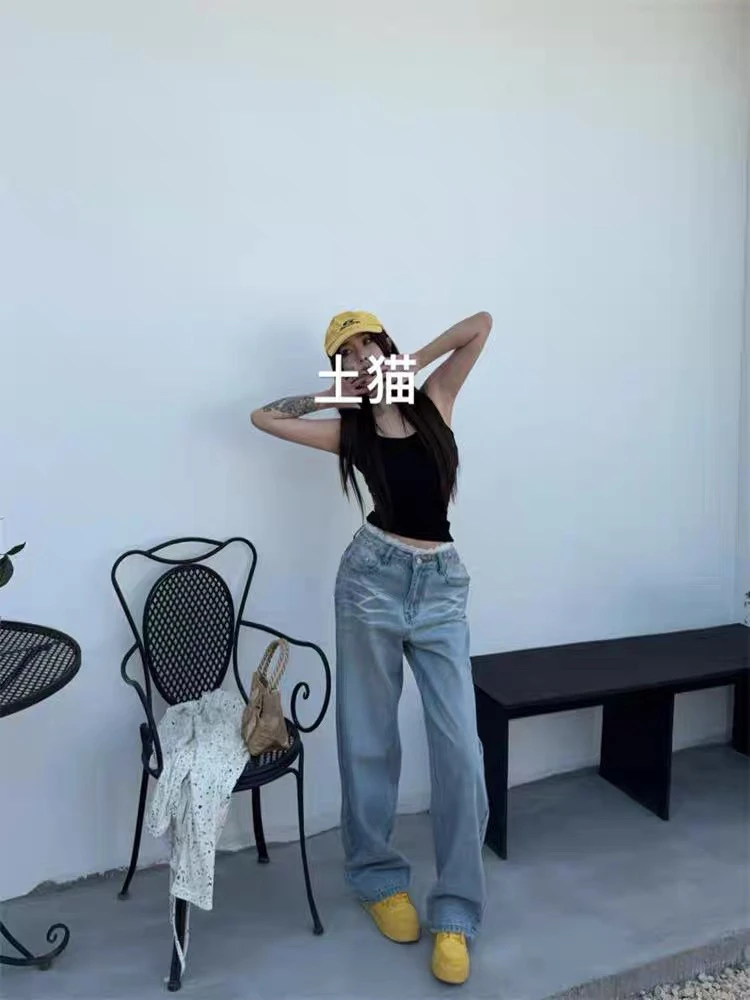 周日见 韩版一粒扣花边拼接百搭显瘦阔腿直筒拖地牛仔裤