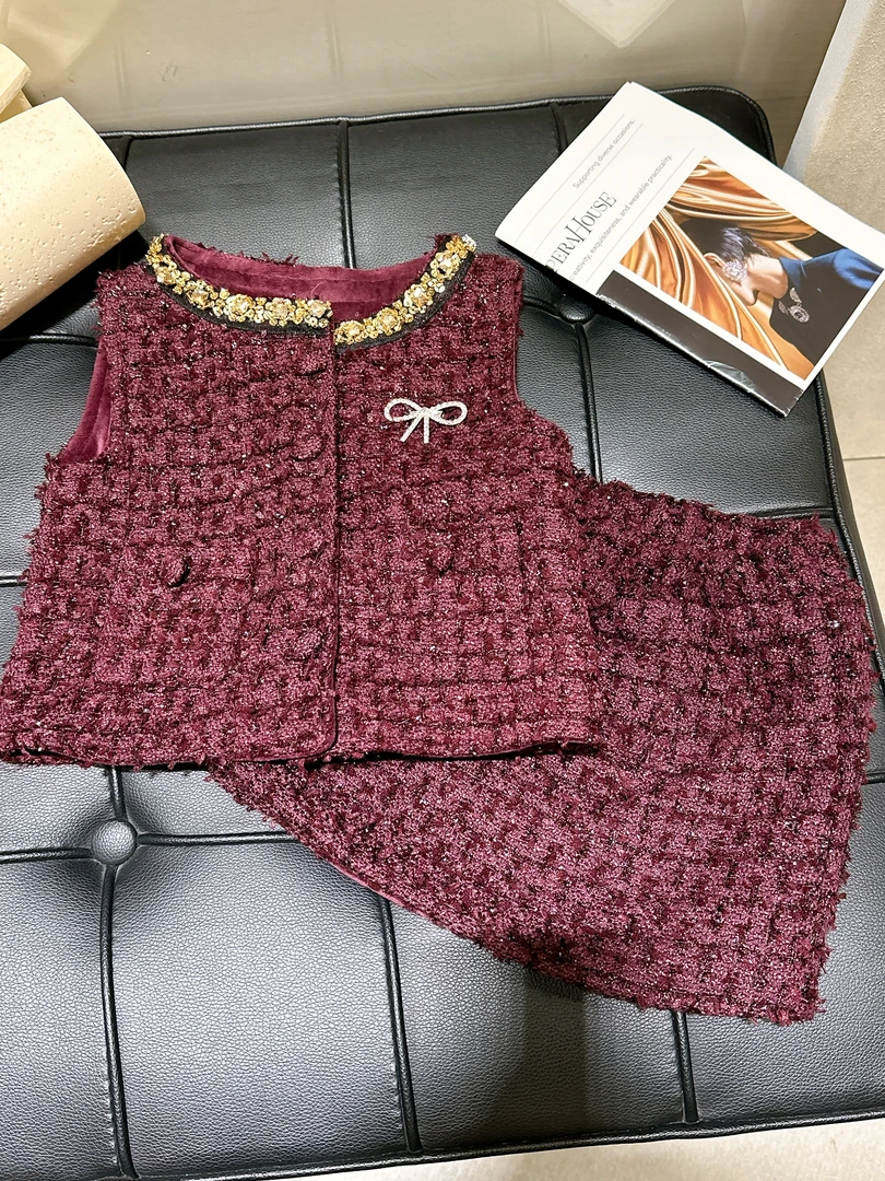 小香风套裙秋冬新款女童洋气外套背心裙女孩时髦名媛套装LH18091