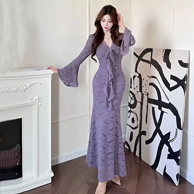 新款修身显瘦中长款包臀鱼尾裙蕾丝方领连衣裙气质长袖长裙性感