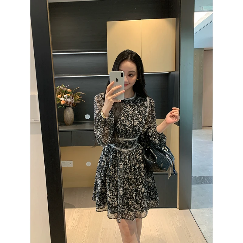 XINYI【晚秋花房】秋季波点印花雪纺连衣裙收腰显瘦裙X625Q13132