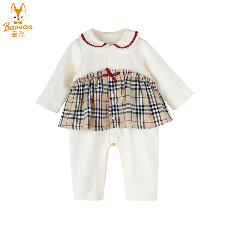 宝然假两件格子连体衣哈衣春秋款