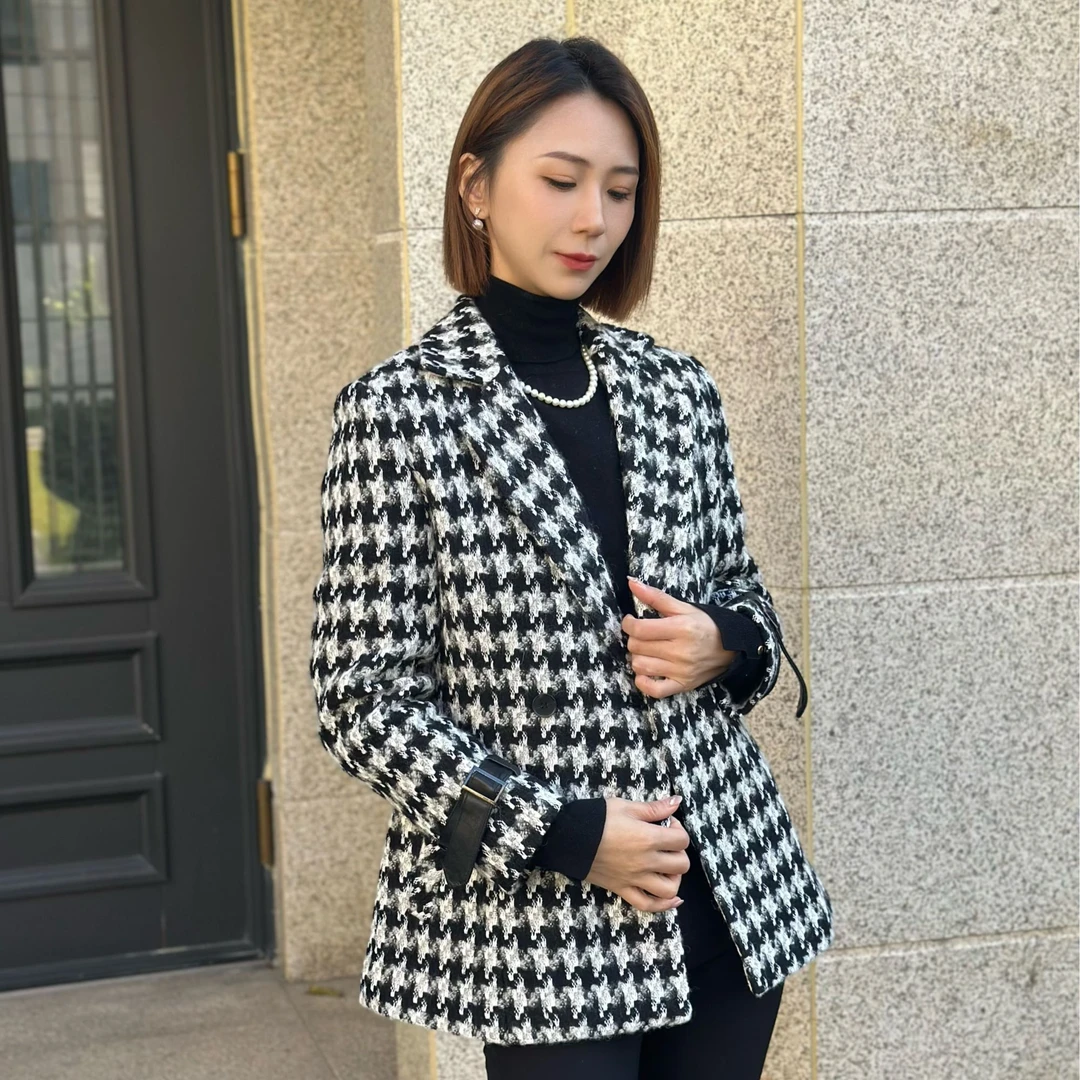 【苗苗甄选】中长款加厚千鸟格外套
