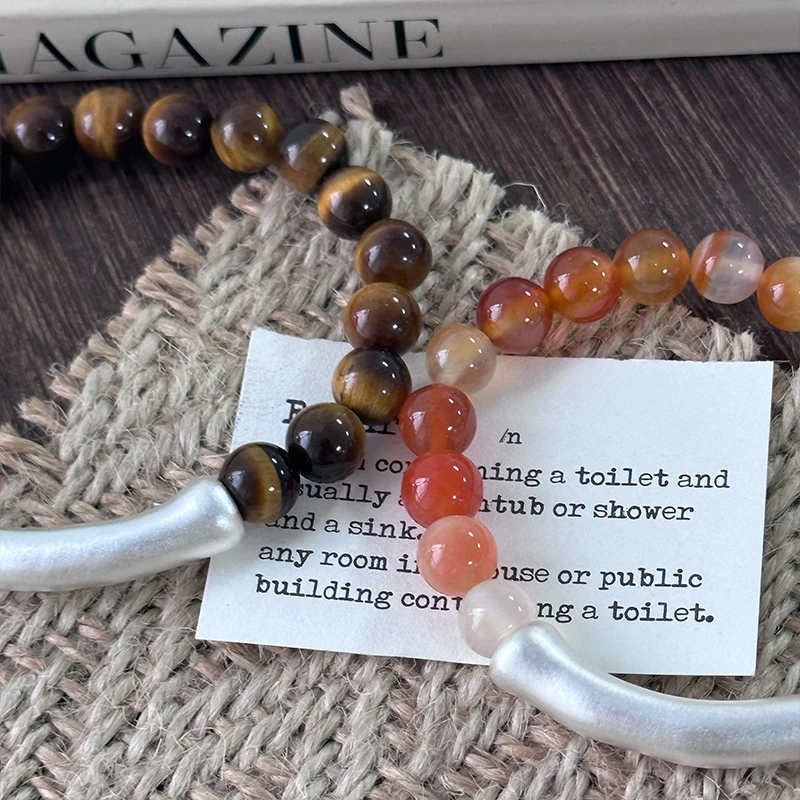 足银手链 999足银弯管虎眼石手链弹力绳2023年秋冬新品手工首