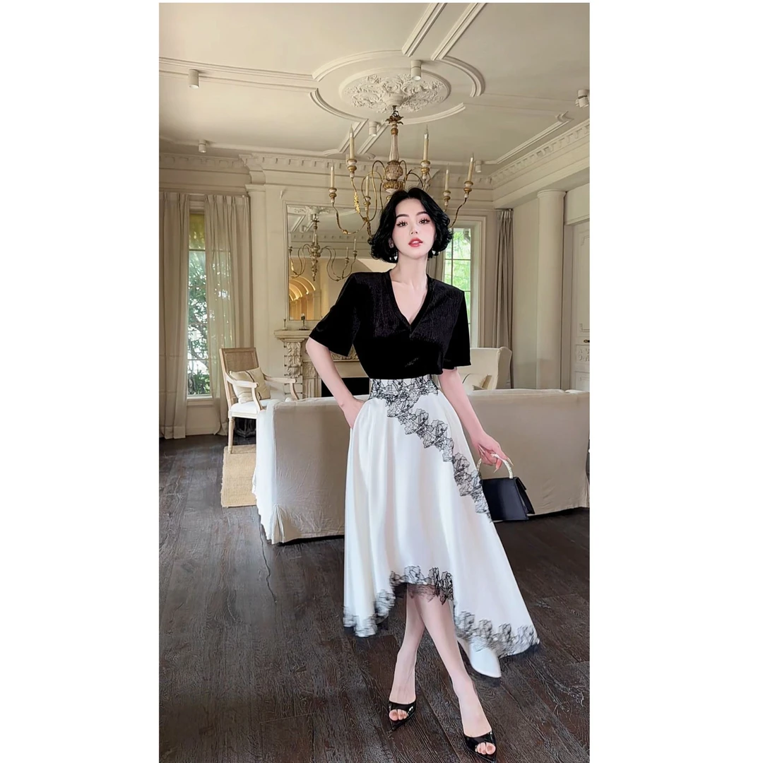 LYXJ【维纳斯圆舞曲】TR高级定制不规则黑白蕾丝花洋气半身裙12150