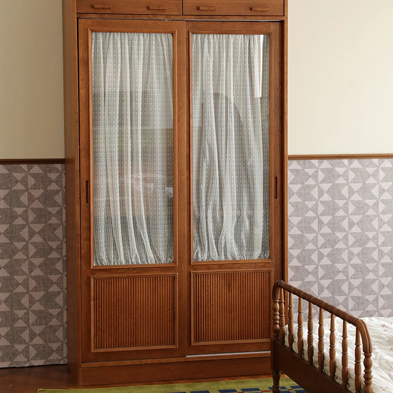 笕南花开《戴安娜》法式复古实木衣橱玻璃白纱帘樱桃木衣柜推拉移门