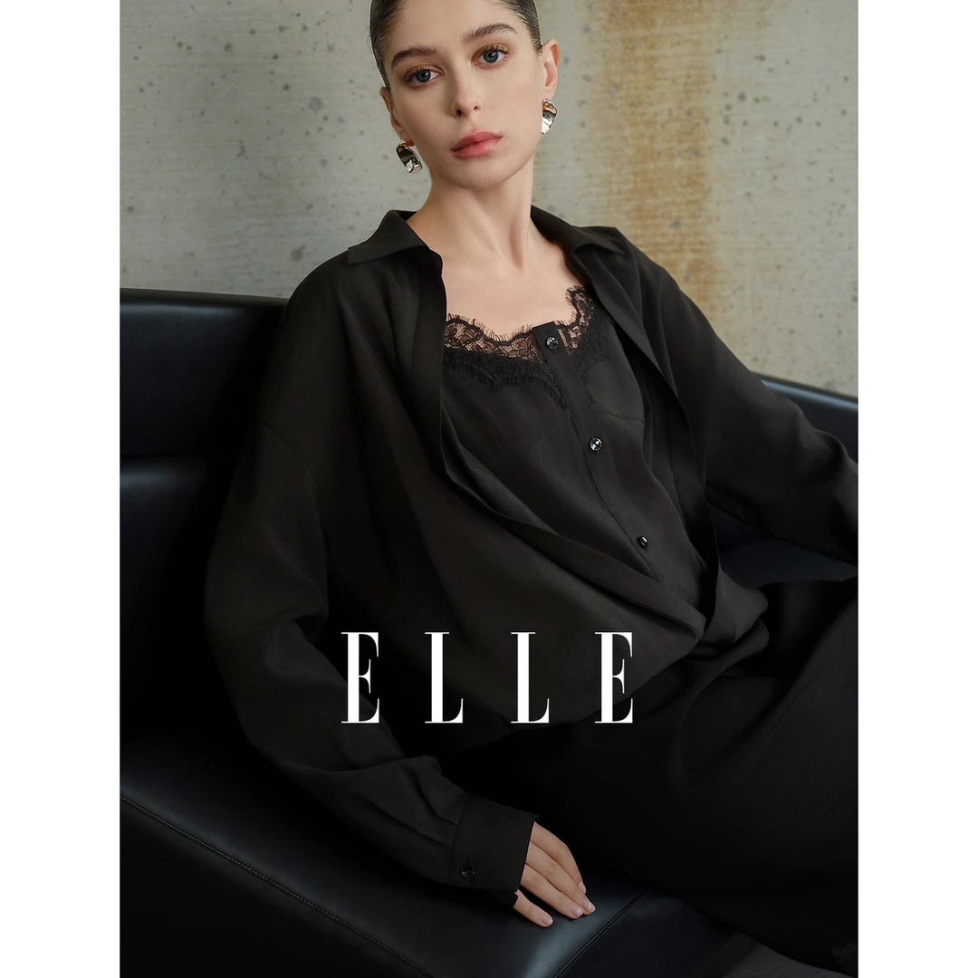 ELLE黑色蕾丝拼接假两件衬衫女2025春季新款设计感气质EC50456