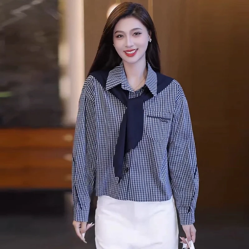 时尚韩版衬衫女2025早秋新款设计感披肩格子拼接显瘦短款休闲上衣