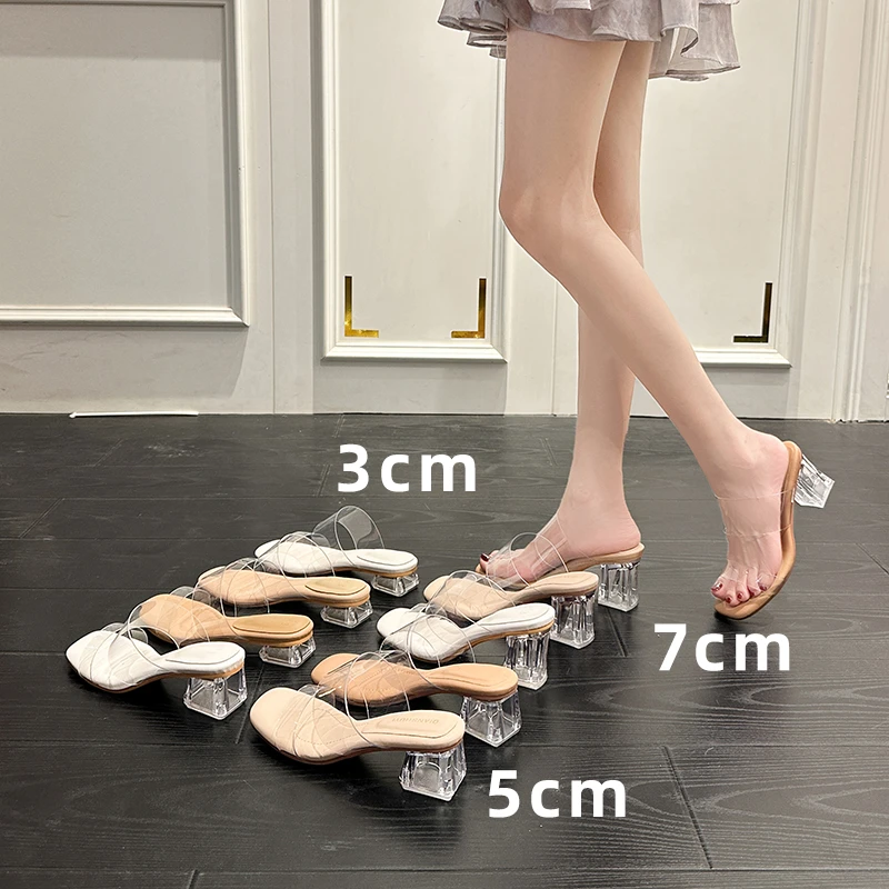 夏季透明高跟鞋羊皮垫踩屎感粗跟一字带绝美2025新款爆款凉拖鞋女