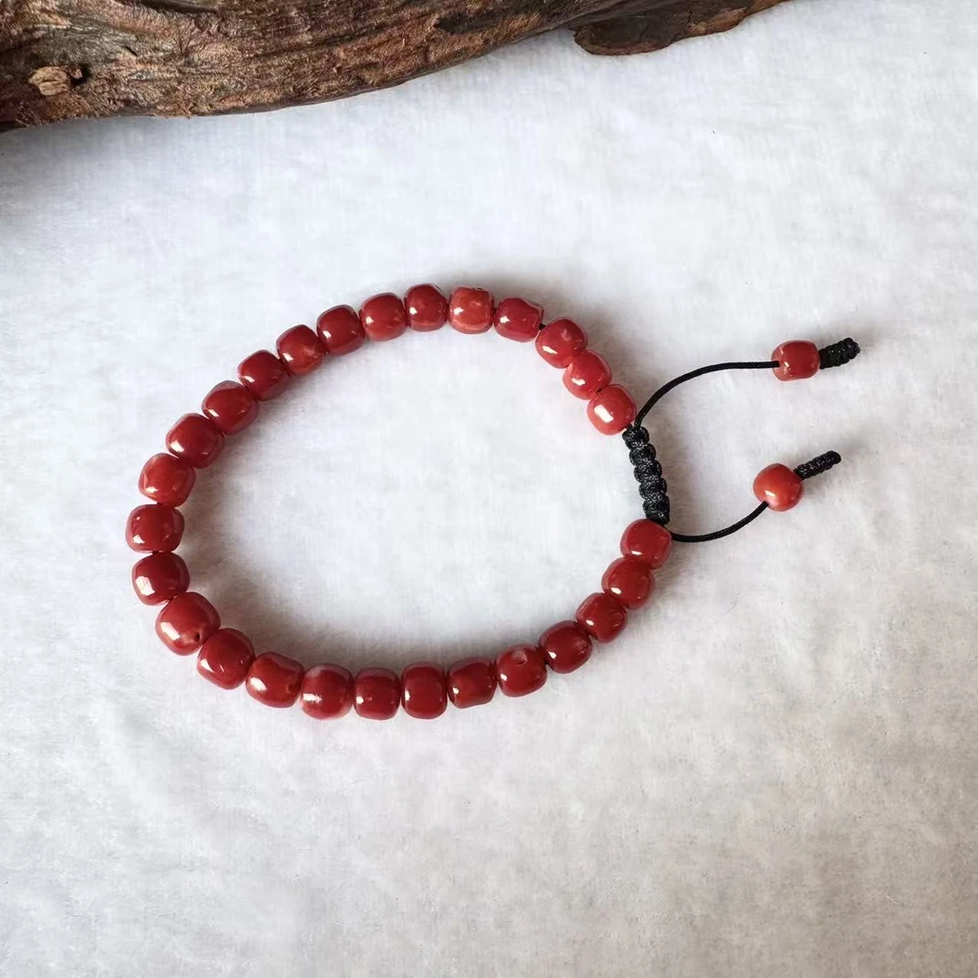 天然阿卡红珊瑚牛血色6.5-7.5mm桶珠手串-16007