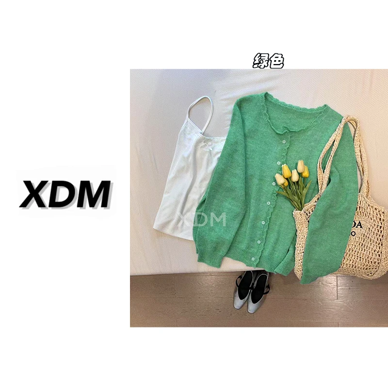 【现货】高级感绿色花边针织开衫女早春季外搭慵懒马海毛毛衣3126