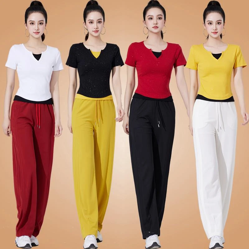 杨丽萍广场舞服装新款套装女夏季V领短袖曳步舞健身操运动速干裤