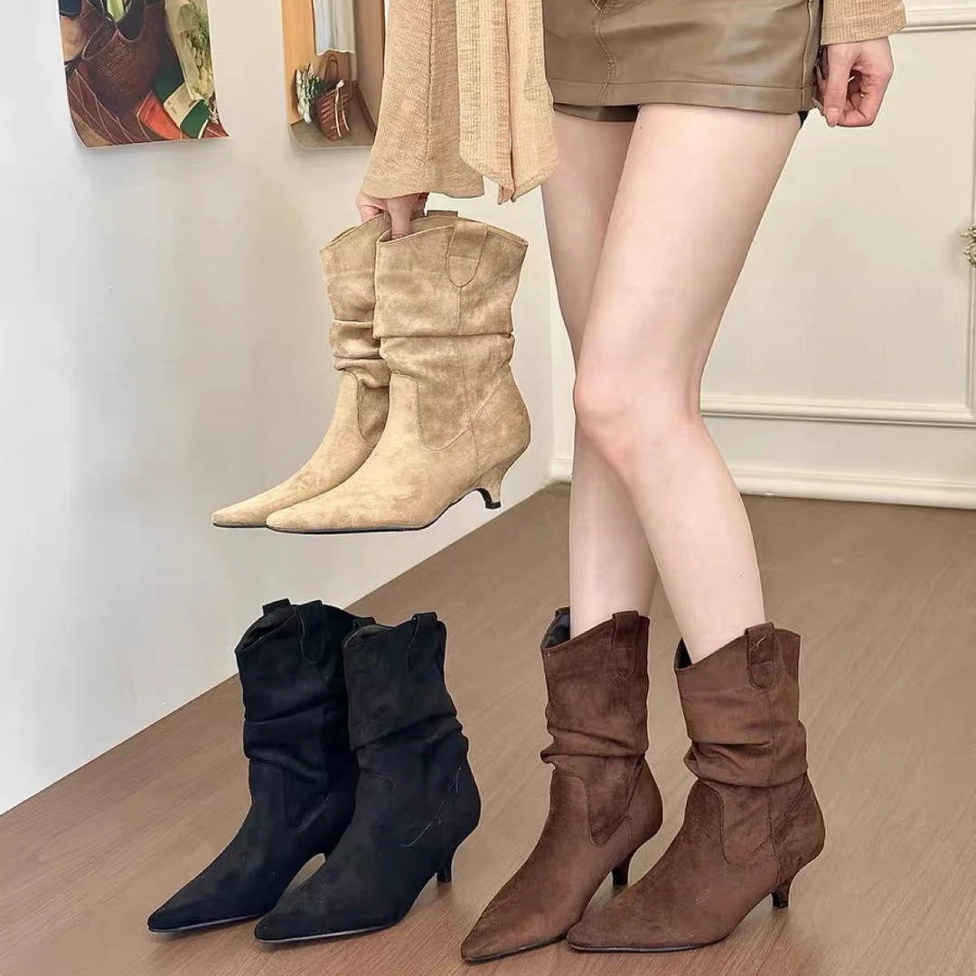 titing秋日韩女！气质绒面尖头猫跟堆堆靴女秋韩版v口细跟短靴
