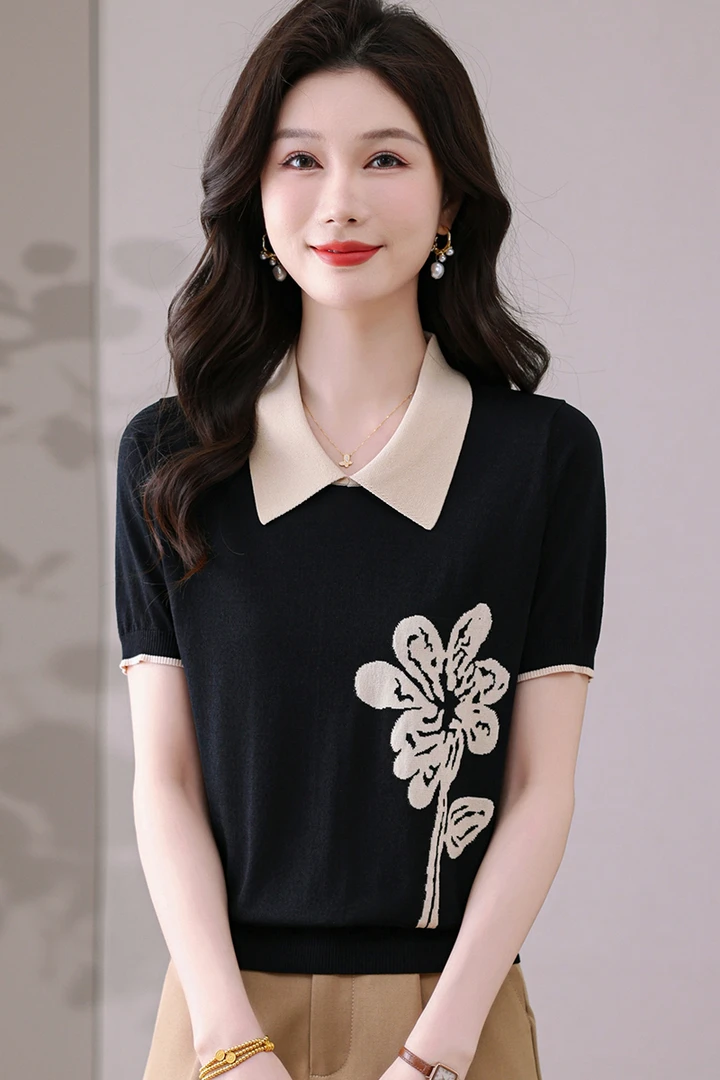 【天丝】夏季新款女士翻领短袖T恤洋气宽松显瘦针织衫百搭薄款