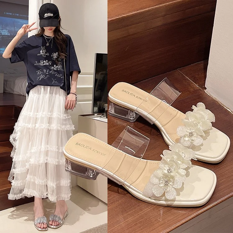 3【时光】透明水晶粗跟拖鞋女夏外穿时尚一字带高跟凉拖露趾不累脚
