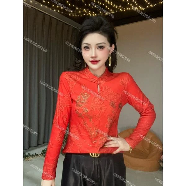 【断码破价】牡丹花印花旗袍领加绒款洋气减龄烫钻长袖打底衫女8265