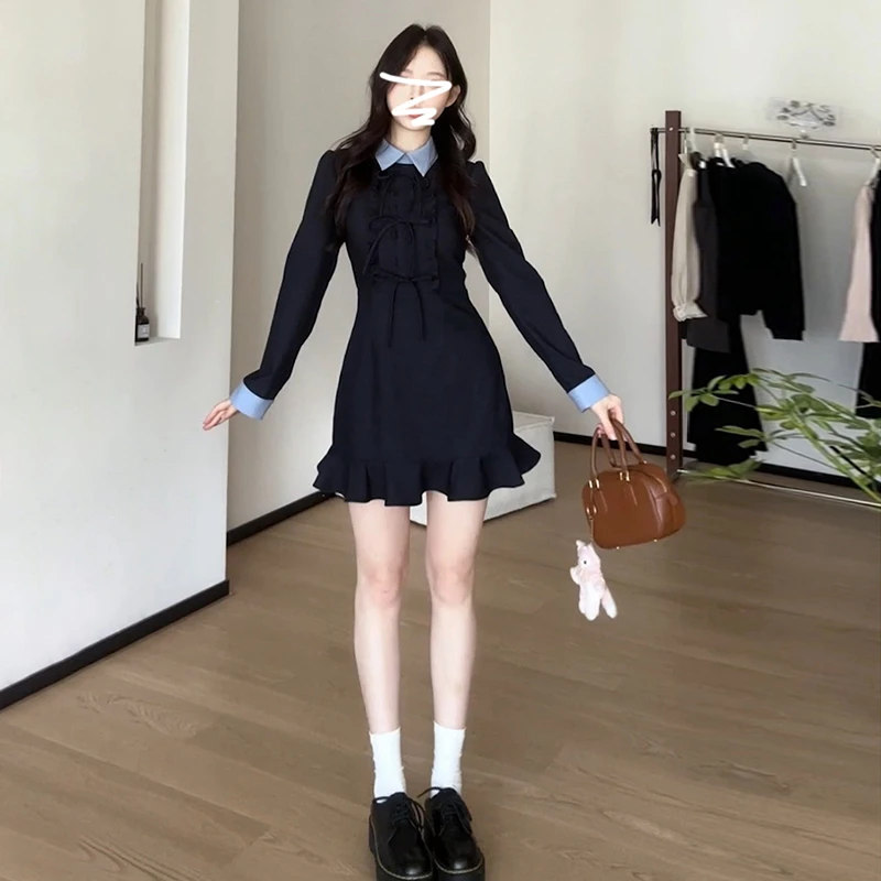 2025秋冬季新款蓝色假两件衬衫连衣裙子女法式气质配大衣打底短裙