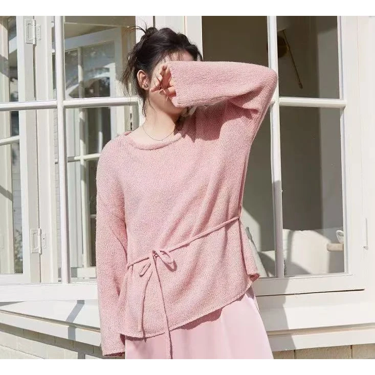 6903 韩系穿搭春夏季简约圆领长袖针织衫女洋气宽松显瘦上衣罩衫
