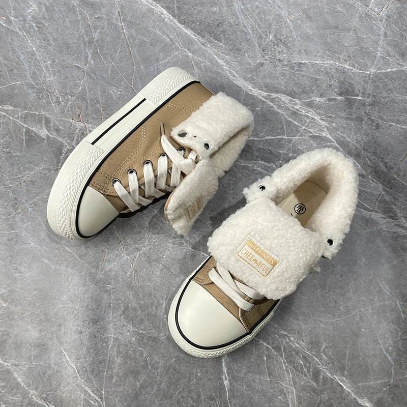 卡其两穿加绒帆布鞋女冬季爆款保暖加厚毛毛板鞋休闲百搭学生棉鞋