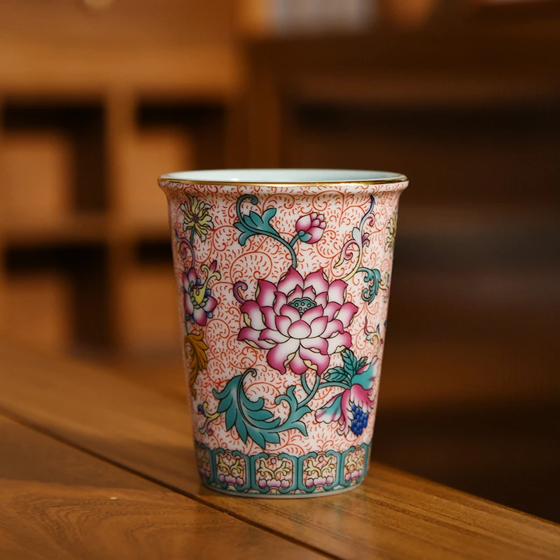 成艺珐琅莲韵可乐杯水杯茶杯高端茶具珐琅彩复古新中式高温瓷送礼