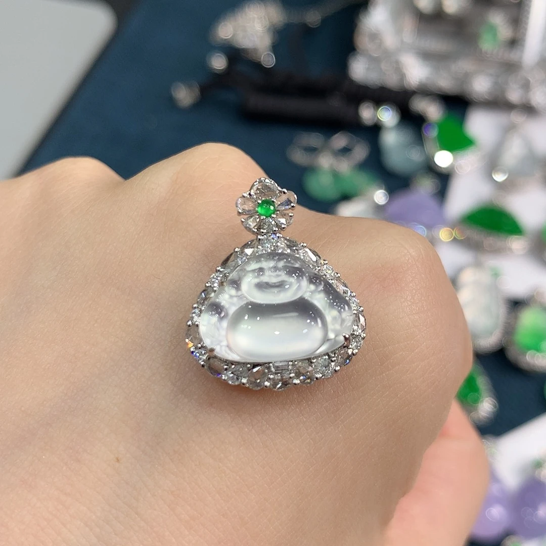 翡翠18K金镶嵌颈饰玻璃刚极光白佛公 48小时鉴赏期