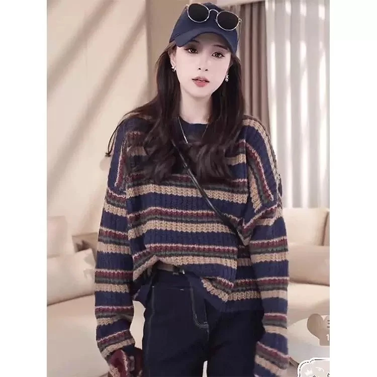 慵懒风秋冬加厚款毛衣新款宽松保暖软糯圆领条纹针织长袖打底衫