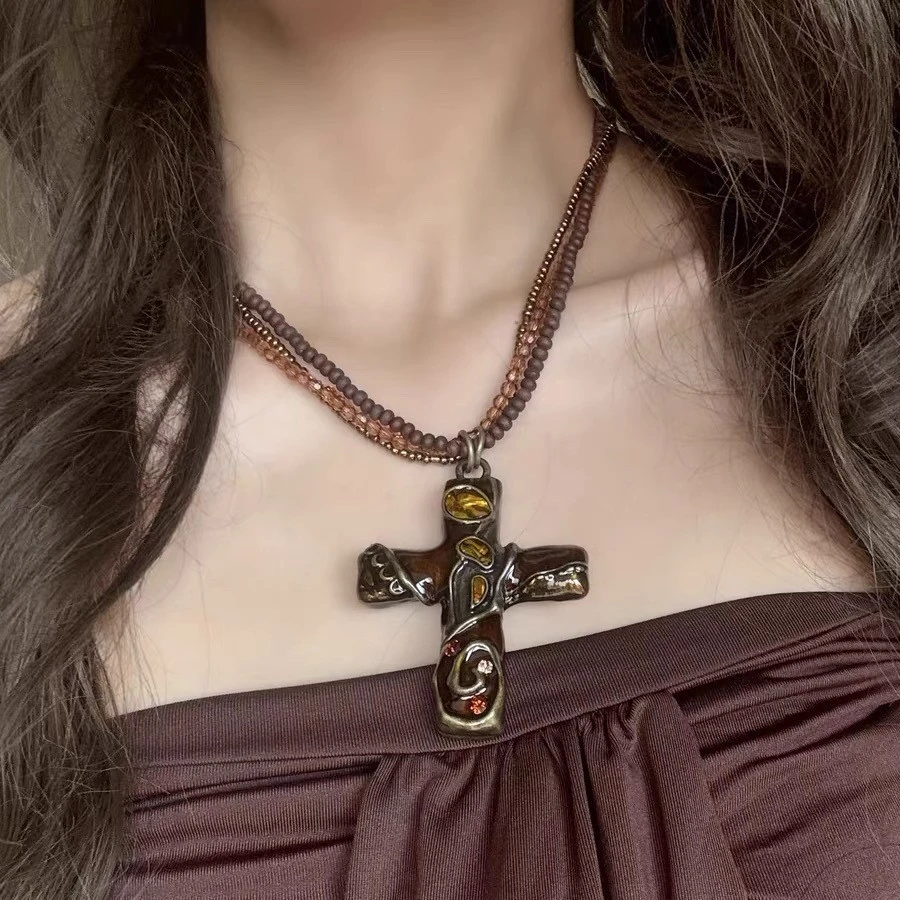 复古哥特风Vintage十字架吊坠饰品重工项链2024年新款
