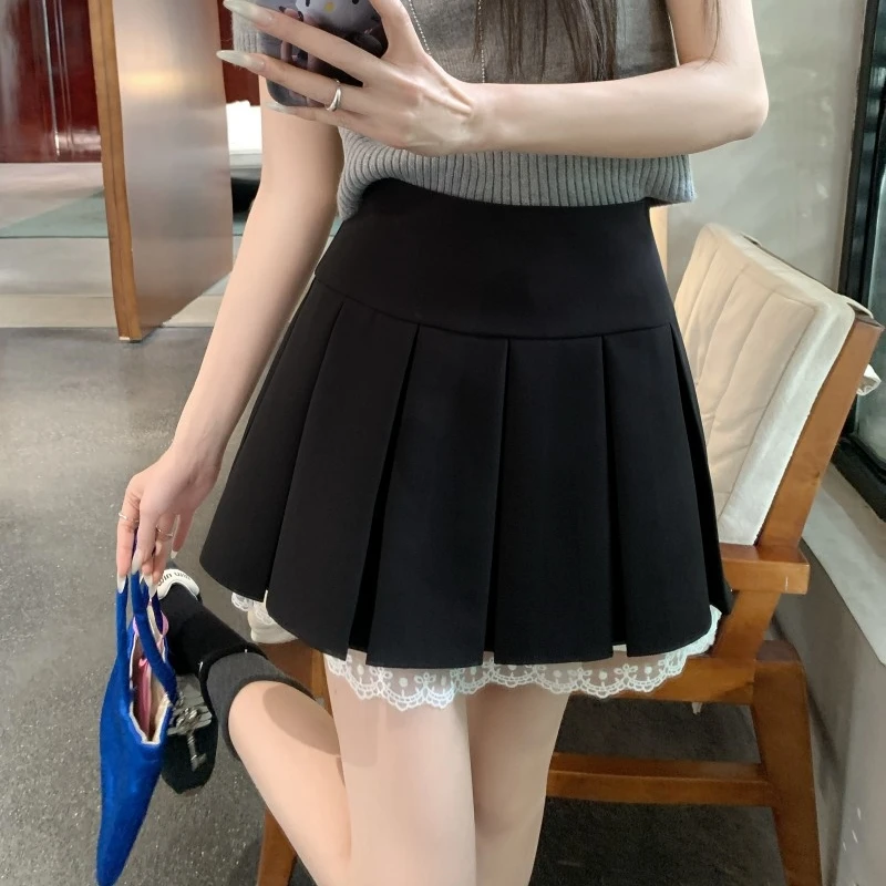 黑色蕾丝边小个子百褶裙半身裙女春夏季新款高腰显瘦a字韩版短裙