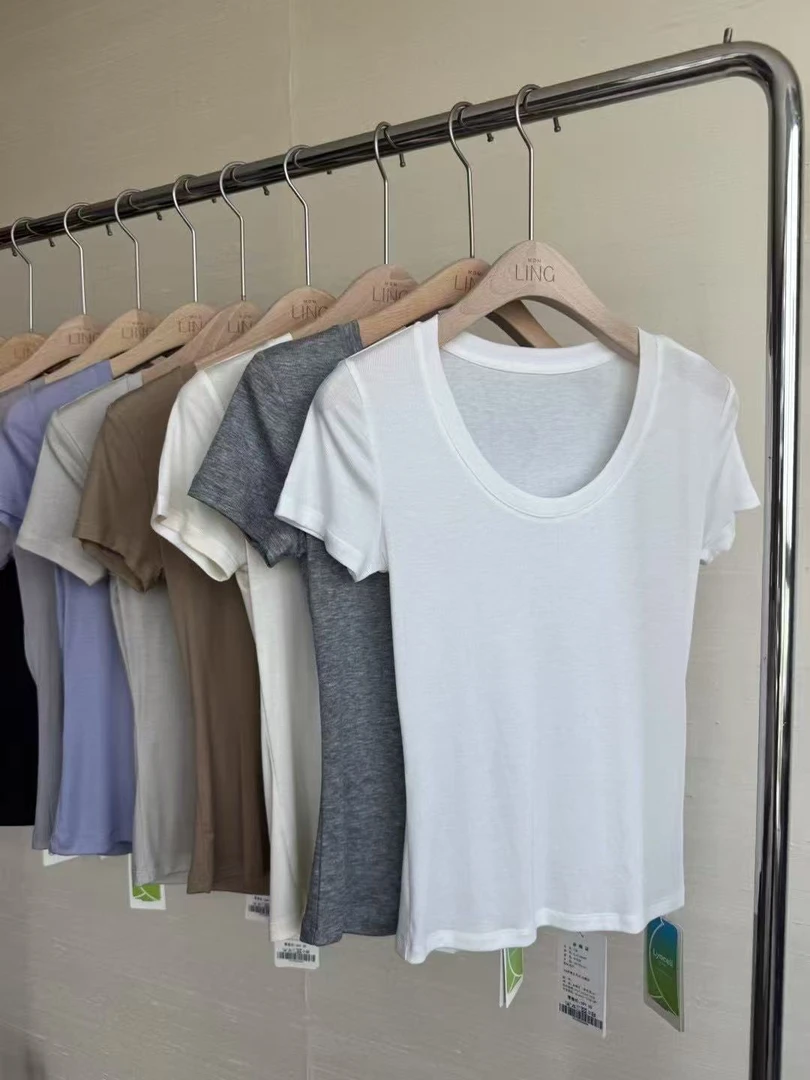 【可可家】莱赛尔天丝显瘦U领短袖T恤19545