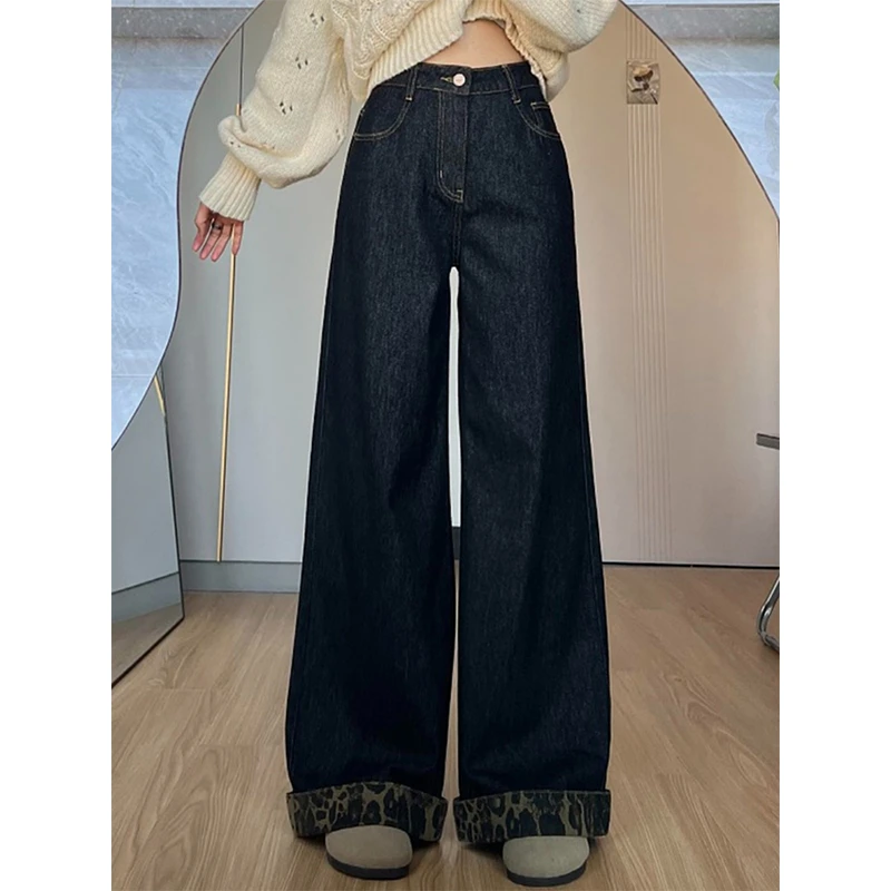 大码女装美式复古豹纹拼接阔腿牛仔裤女胖mm高腰显瘦休闲拖地裤子