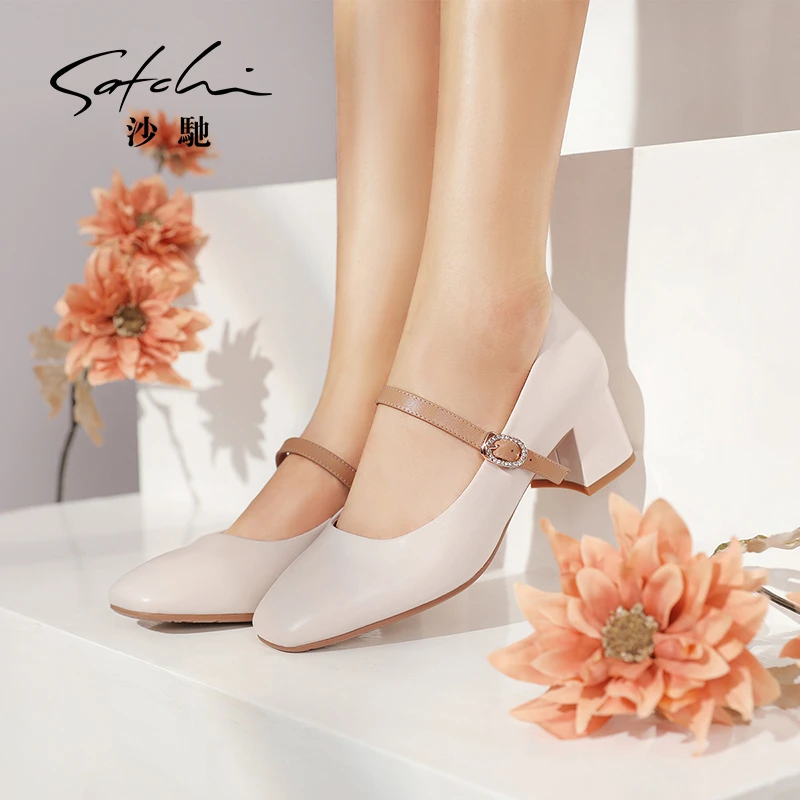 沙驰 羊皮/牛皮调节扣甜美粗中跟玛丽珍鞋通勤撞色女单鞋