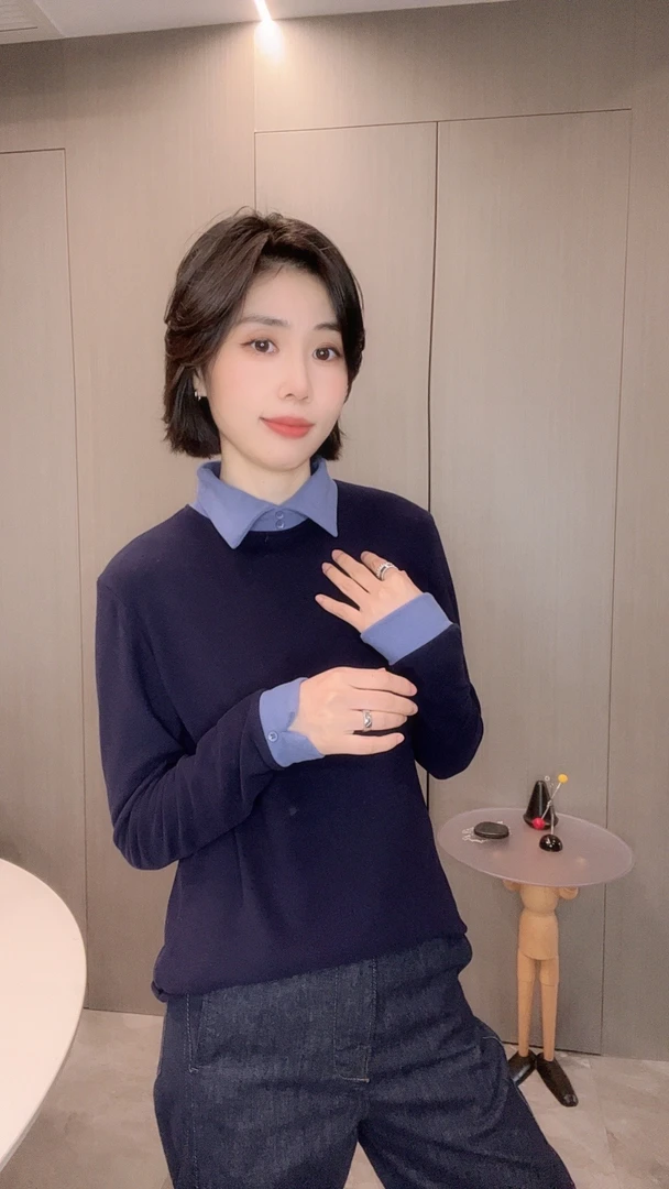 冬季德绒双面绒翻领撞色修身长袖上衣时尚休闲气质百搭显瘦打底衫