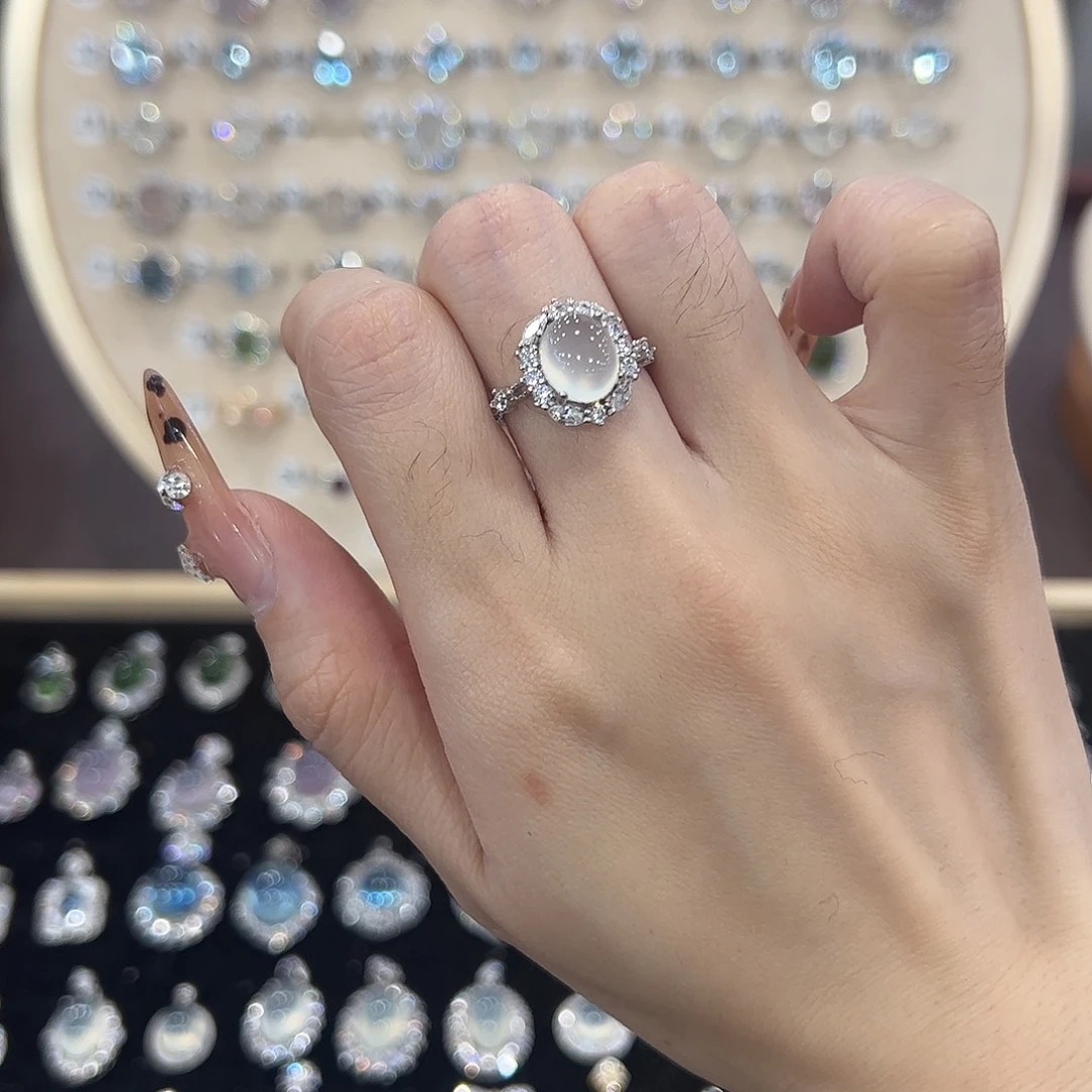 锤***珊蛇纹石玉银S925镶嵌戒指