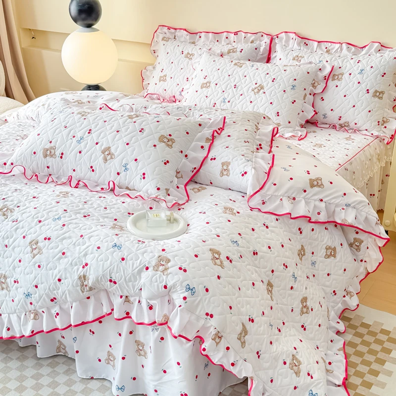 公主风多功能夏凉被四件套床裙款夹棉夏被也是被套荷叶边印花被套