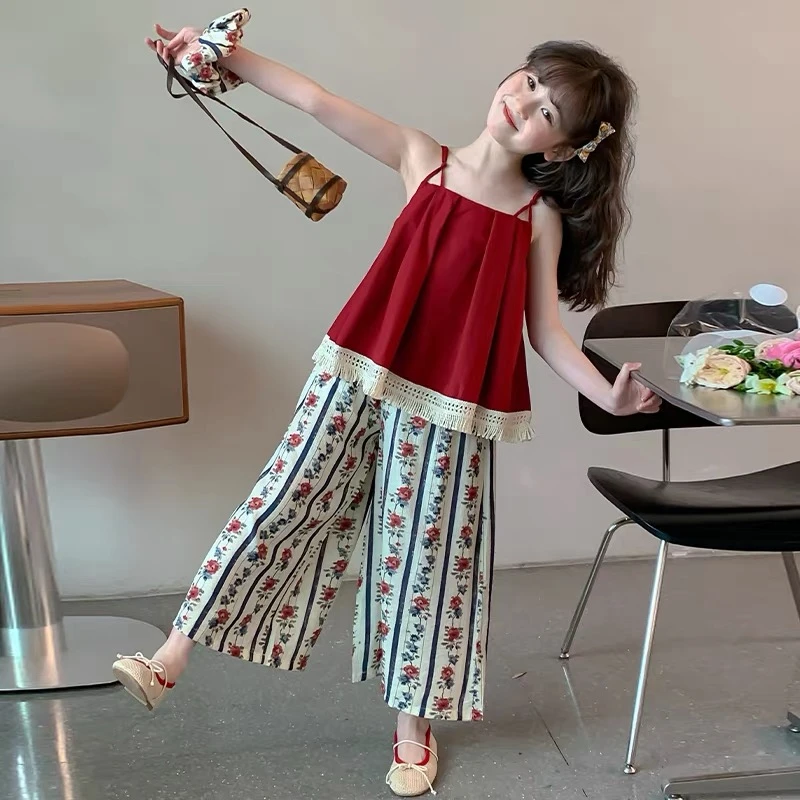 女童夏装套装2025新款洋气儿童夏季吊带上衣女孩阔腿裤大童两件套