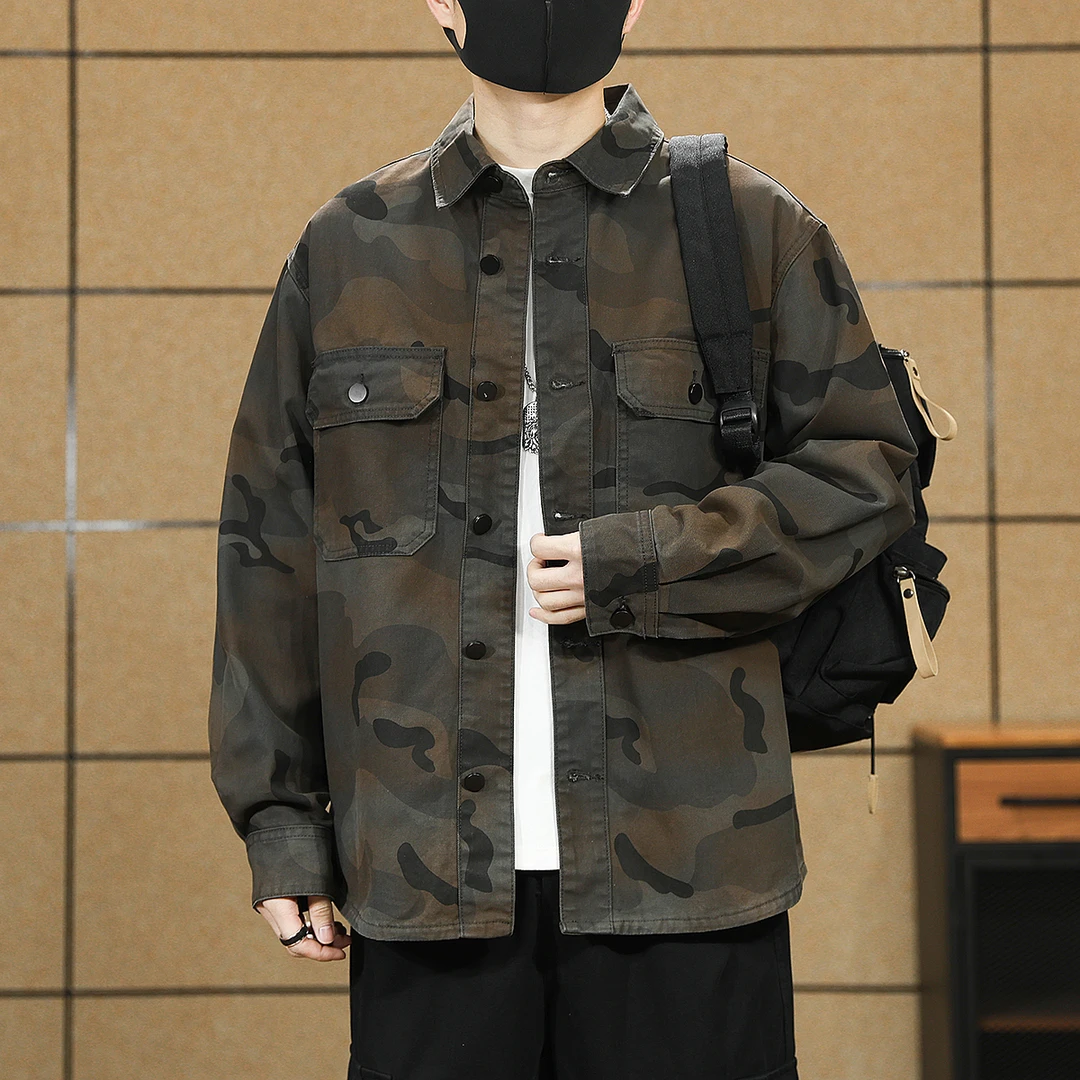 美式高端复古潮牌迷彩工装衬衫男士春秋季新款宽松长袖衬衣外套男