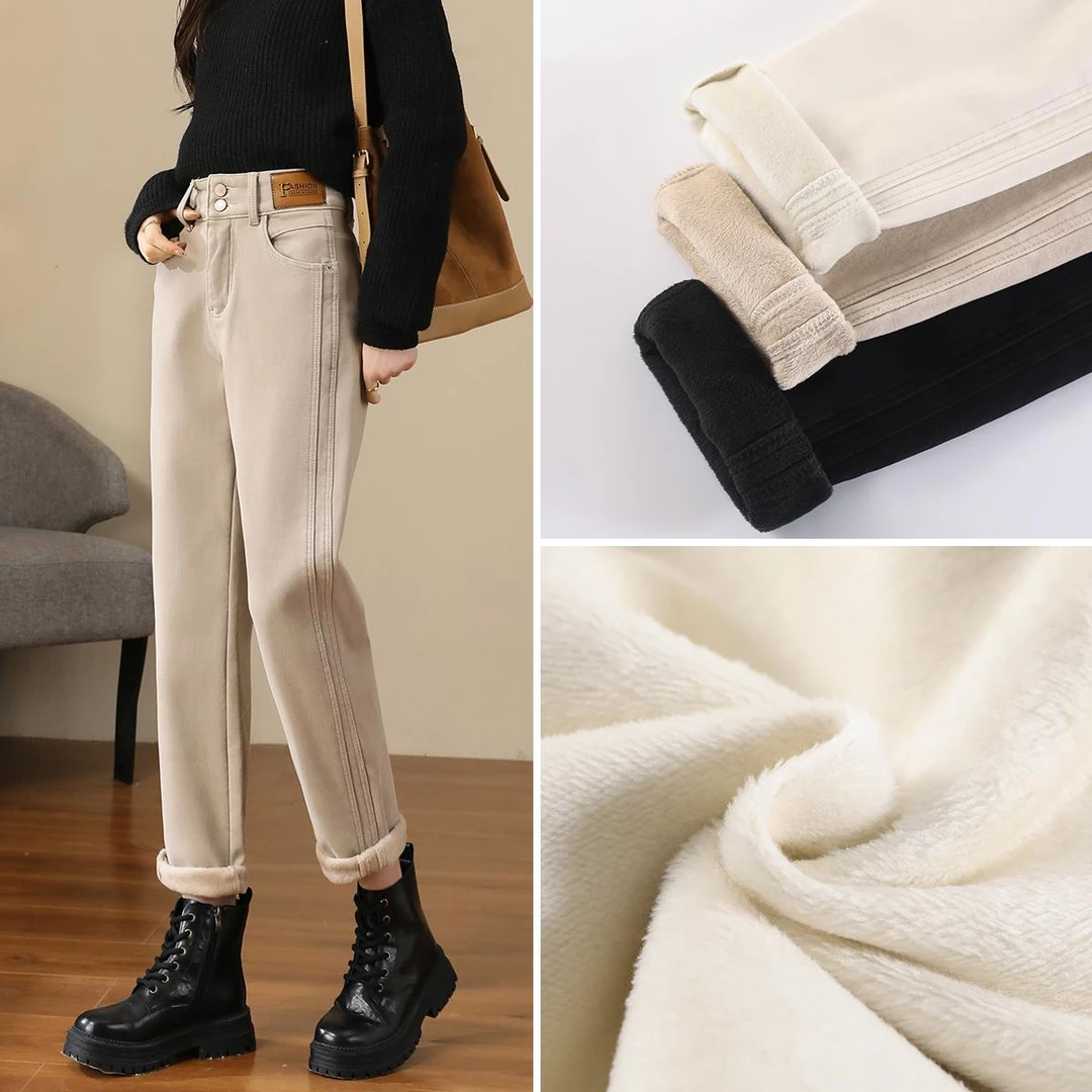 冬季加绒加厚哈伦牛仔裤女小个子高腰宽松休闲米白色直筒老爹裤子