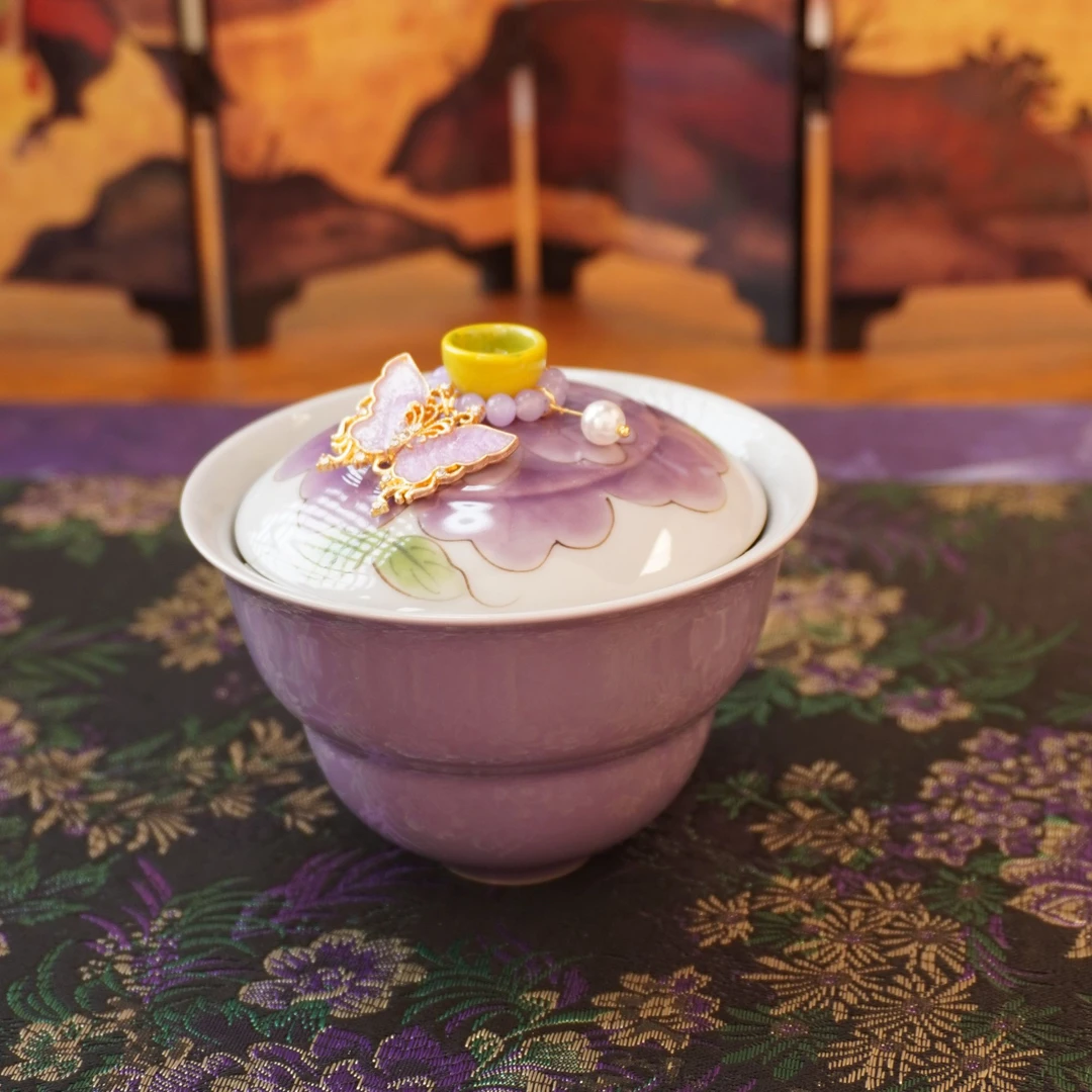 【紫色芙蓉·葫芦二才盖碗】手工女士陶瓷手绘精美色釉高颜值
