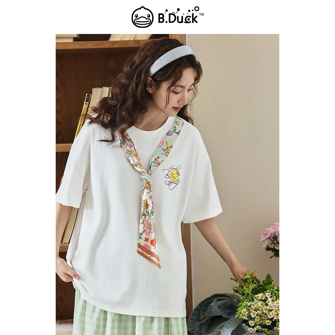 B.Duck 小黄鸭2025年夏季新款欧若风法式潮流休闲领结丝巾绑带T恤