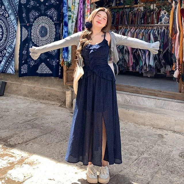 大码胖mm碎花波点小清新连衣裙女修身显瘦夏季防晒针织开衫两件套