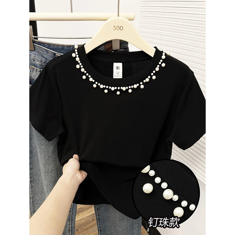 【运补】重工黑色显瘦设计感钉珠圆领正肩短袖T恤女男夏季气质上衣
