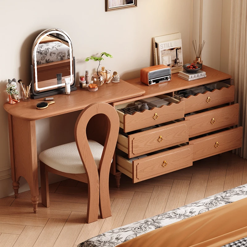 中古风实木梳妆台法式复古卧室可转接化妆桌收纳斗柜一体轻奢