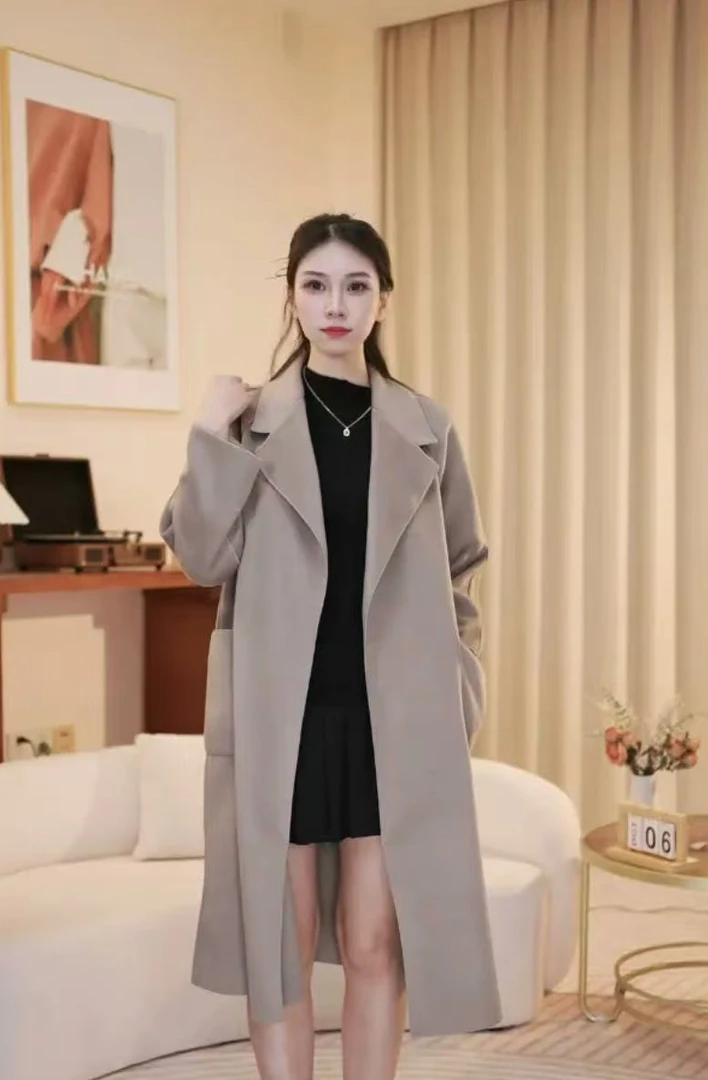 中长款系带双面绒大衣高端时尚气质时尚收腰外套杭州大衣3305