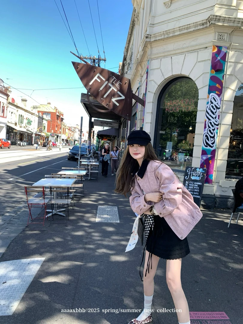 美式复古哈灵顿拼接撞色翻领外套女秋季宽松廓形显瘦机车夹克上衣