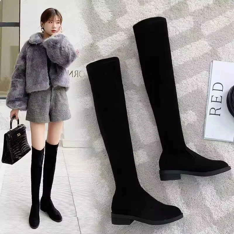 过膝靴女2024新款秋冬季加绒长靴女靴长筒靴粗跟弹力瘦瘦靴